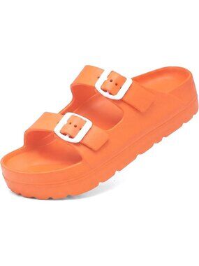 🆕 Women's Orange Double Buckle Cushion Slide Sandals EVA Waterproof Beach Shoes